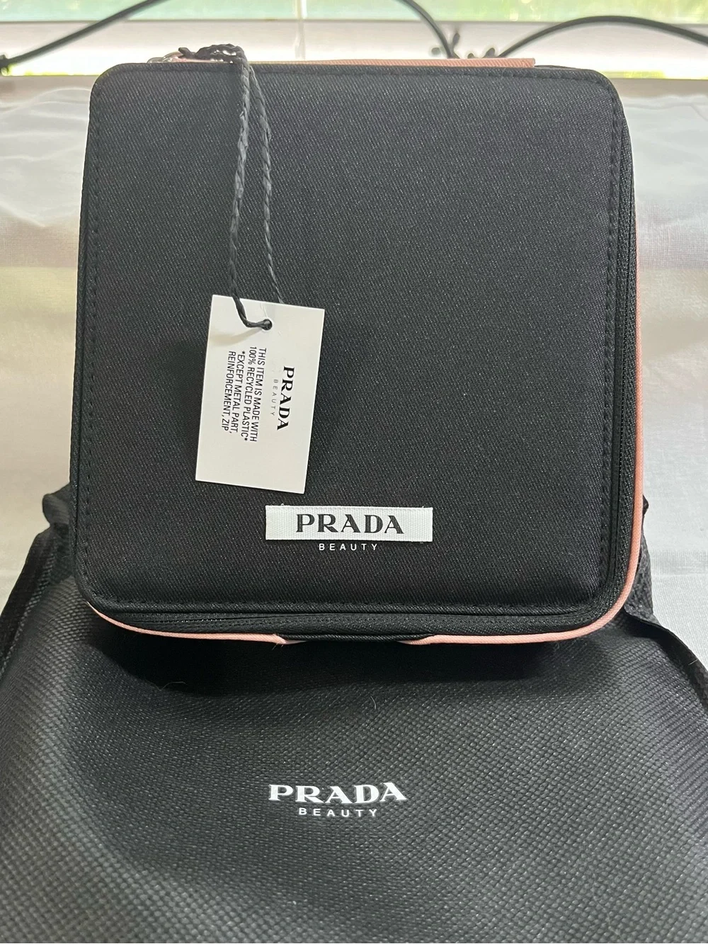 Prada Beauty Black Toiletry Case with Pink Edge Trim NWT